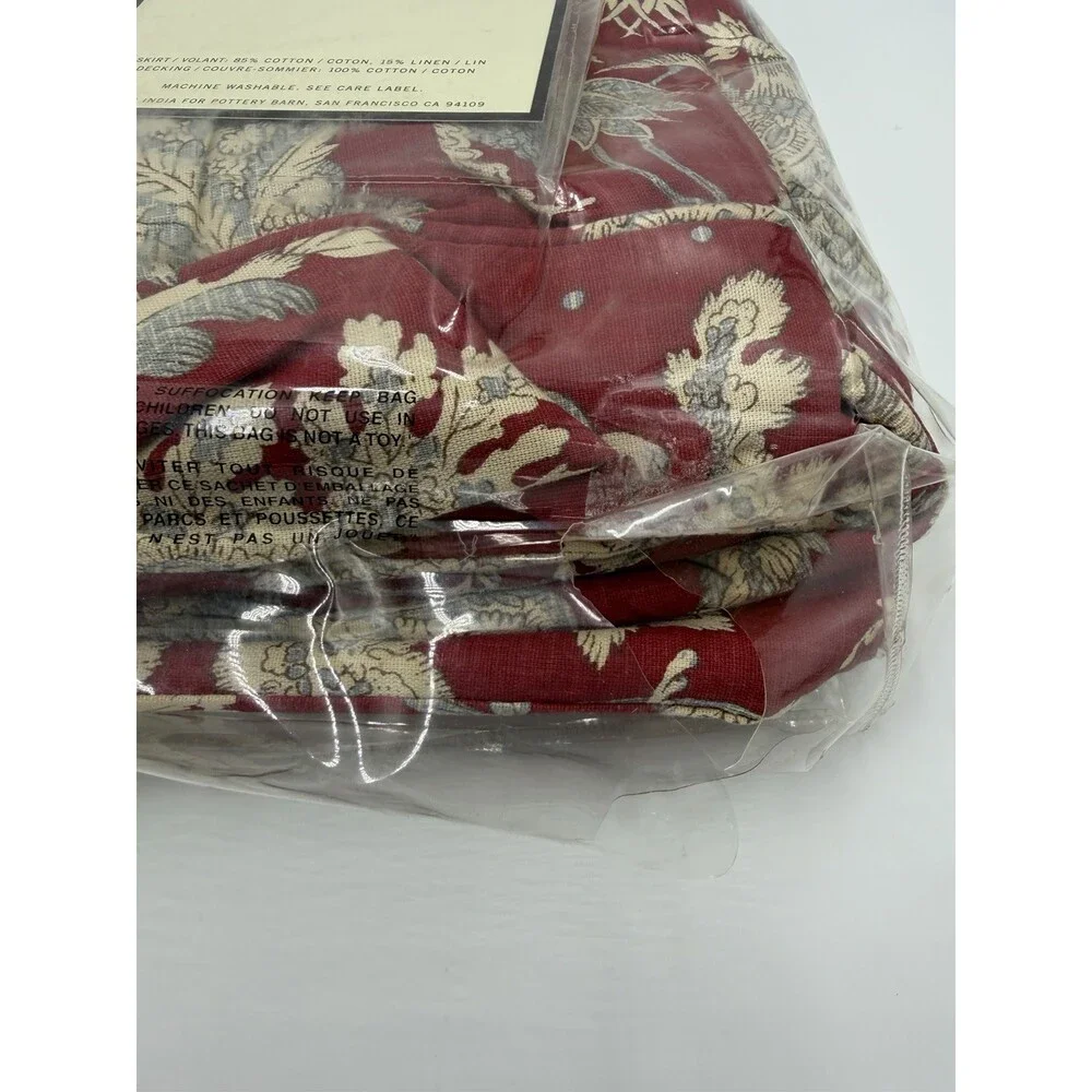 Pottery Barn Margaret bed skirt juponnage Cotton Linen Floral Beige Red Queen